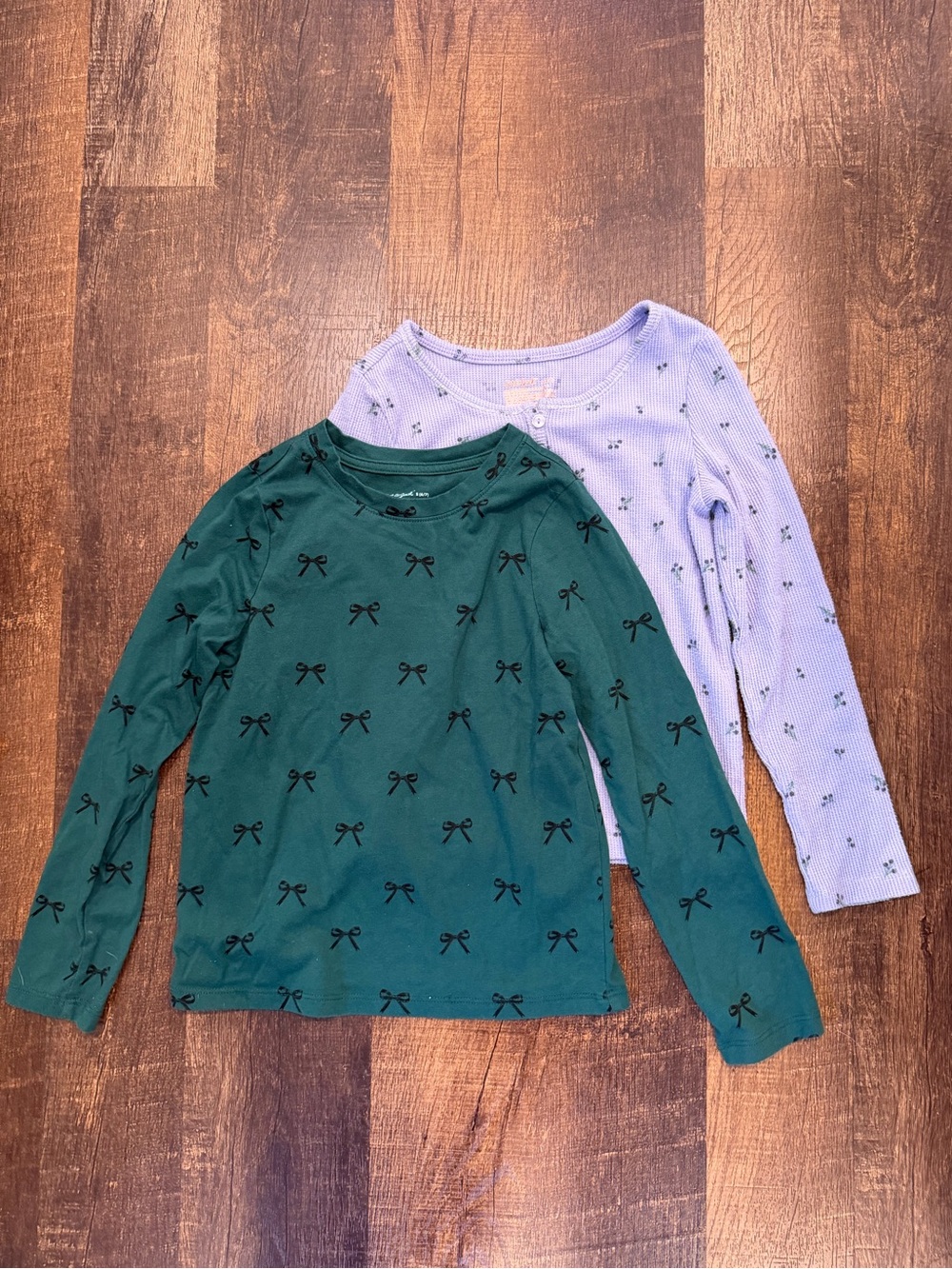 Cat & Jack Long Sleeve Tee in Green bow print and Lavender thermal in floral